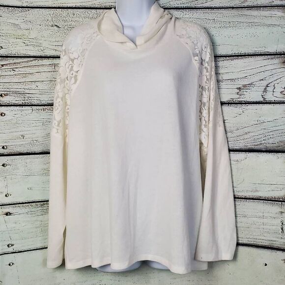 Soleillee Women’s 2X White Long Sleeve Hoodie Lace Shoulder Pullover Plus Size T - Picture 1 of 5
